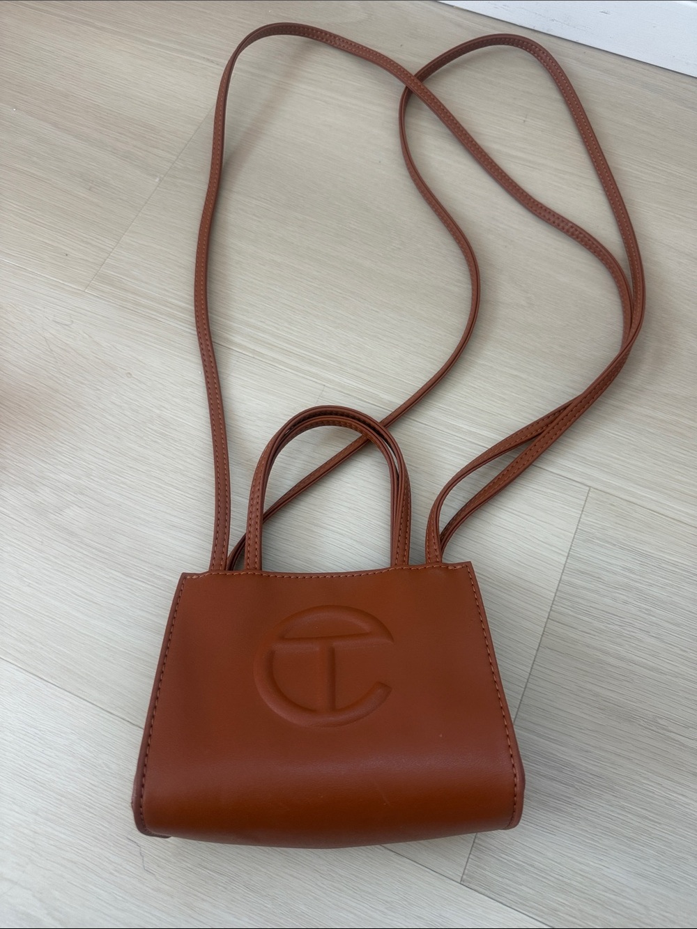 Tonal Embossed Mini Crossbody Bag in Cognac